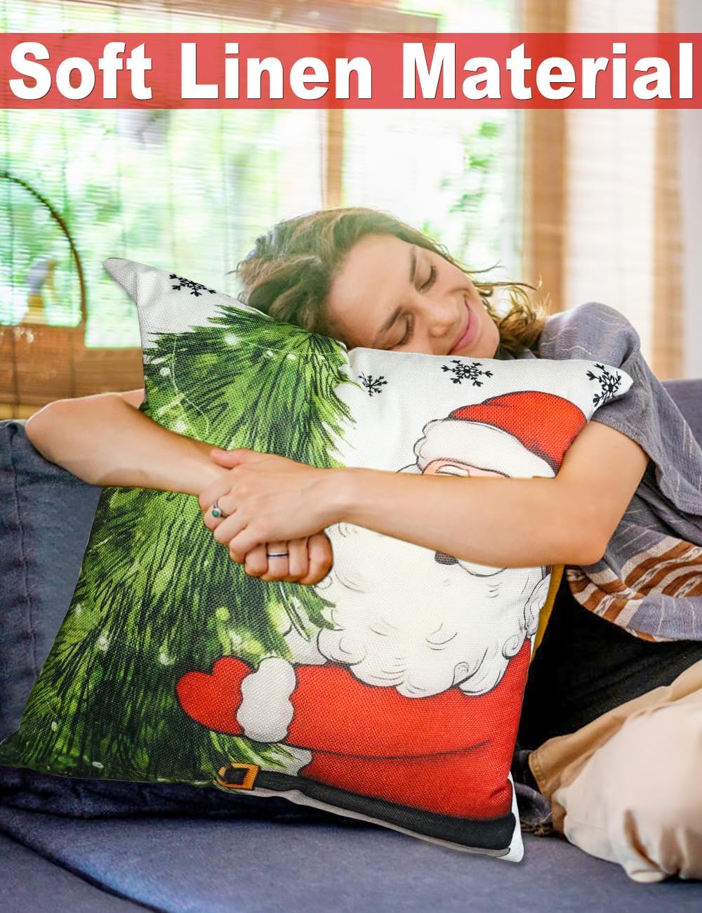 Christmas pillow cover with Santa portrait and green pine print on soft linen fabric