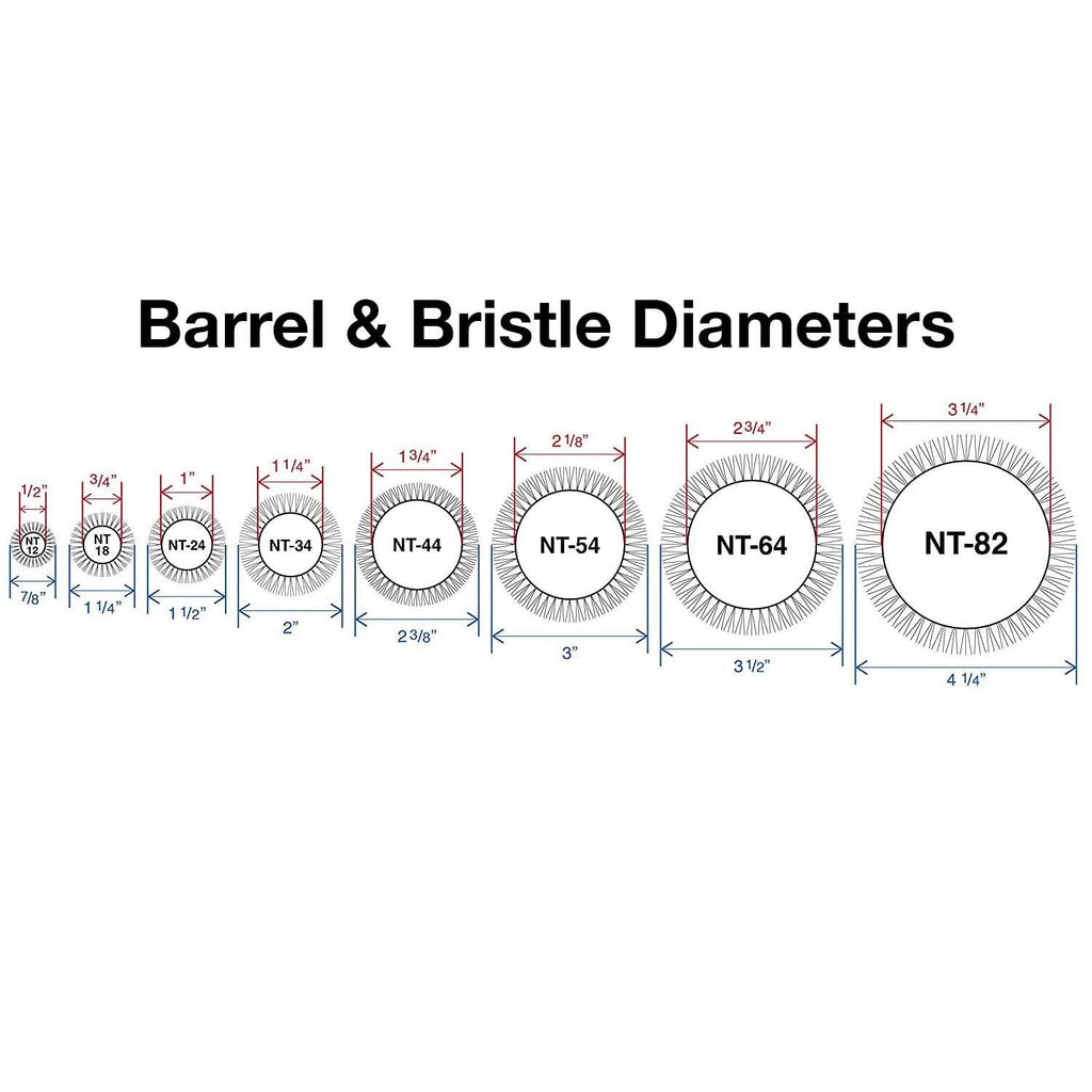 Barrel & bristle diameter chart highlighting NT-54 size 2 1/8 in