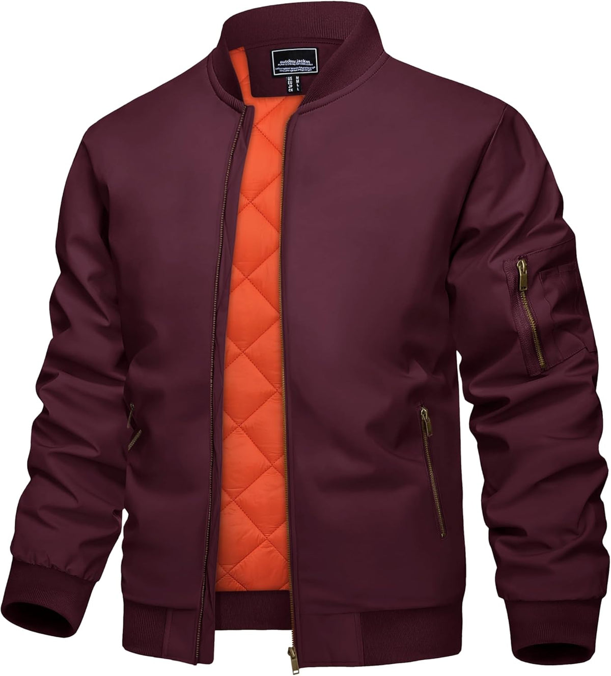 Men's padded bomber jacket, wine red full-zip with orange quilted lining and rib cuffs