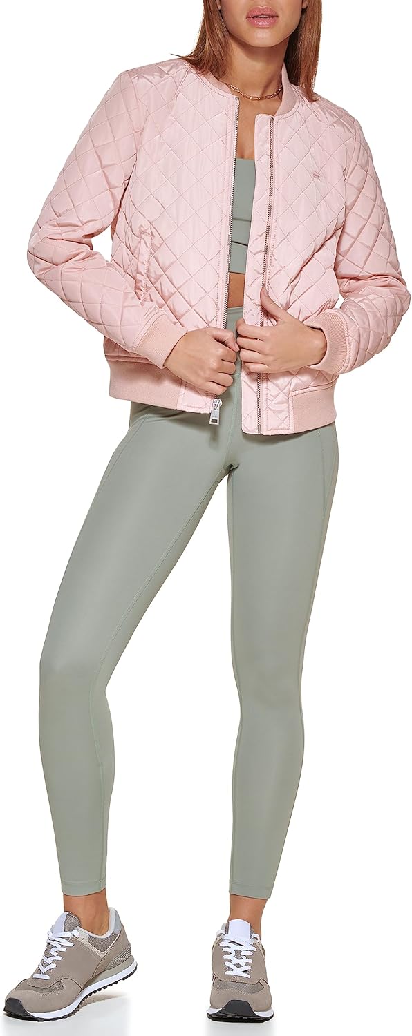 Quilted bomber jacket in light pink with front zipper and ribbed cuffs