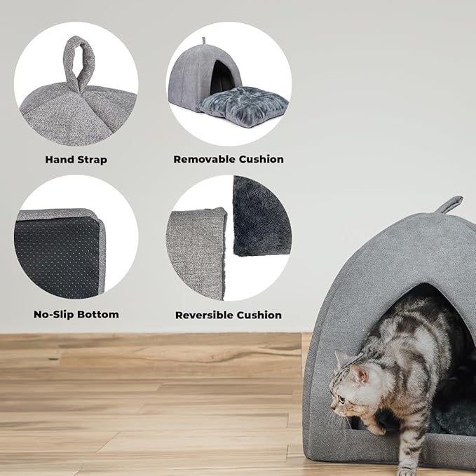 Gray pet tent bed with removable and reversible cushions, no-slip bottom, and carrying strap