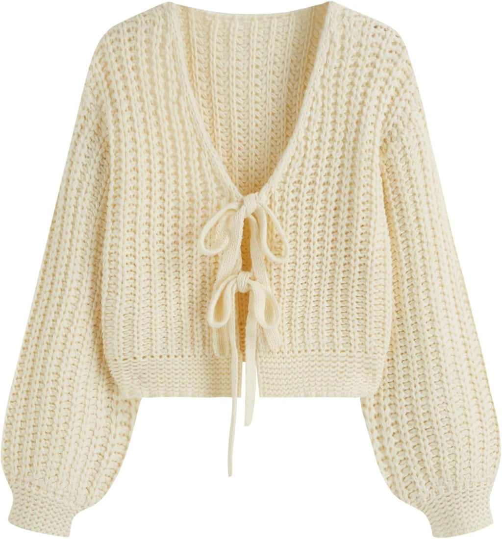 Women’s cream rib-knit V-neck tie-front cardigan sweater, oversized style
