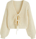 Women’s cream rib-knit V-neck tie-front cardigan sweater, oversized style