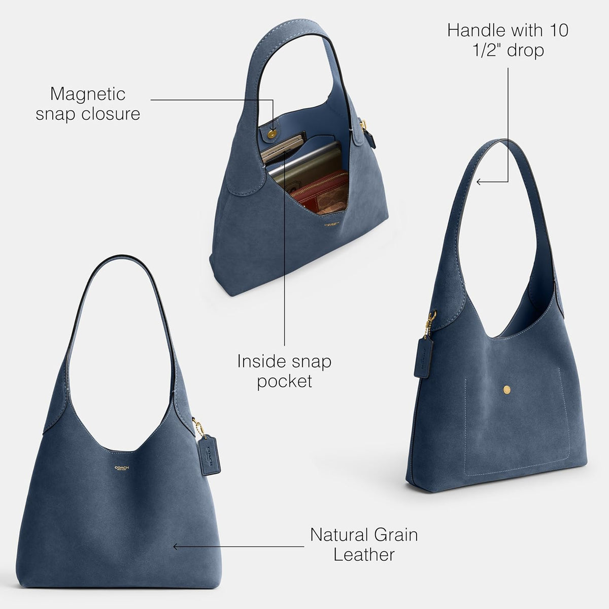 Navy suede Brooklyn shoulder bag with open top and inside snap pocket detail.