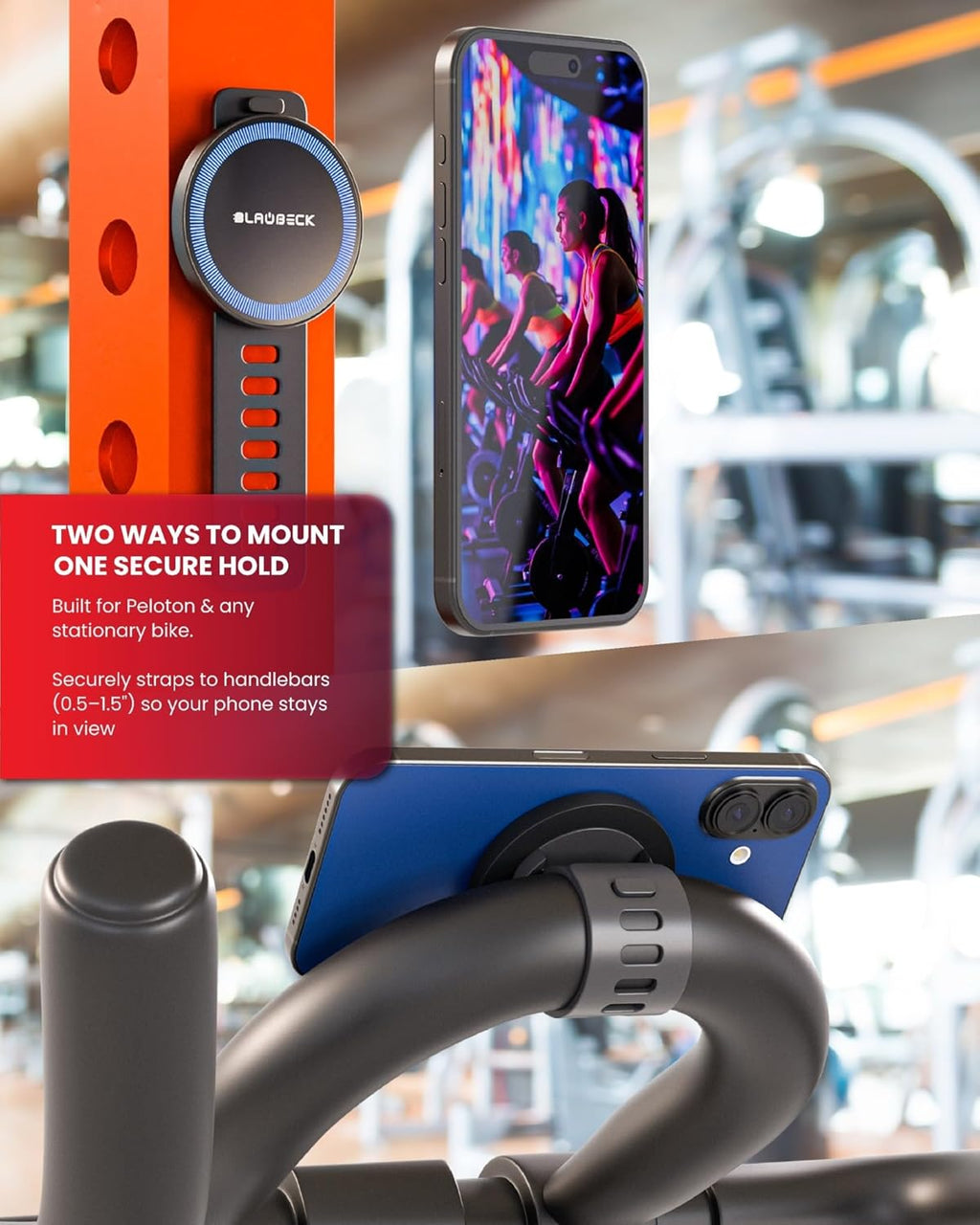 Universal magnetic phone bike mount with BLAUBECK puck and phone on handlebar