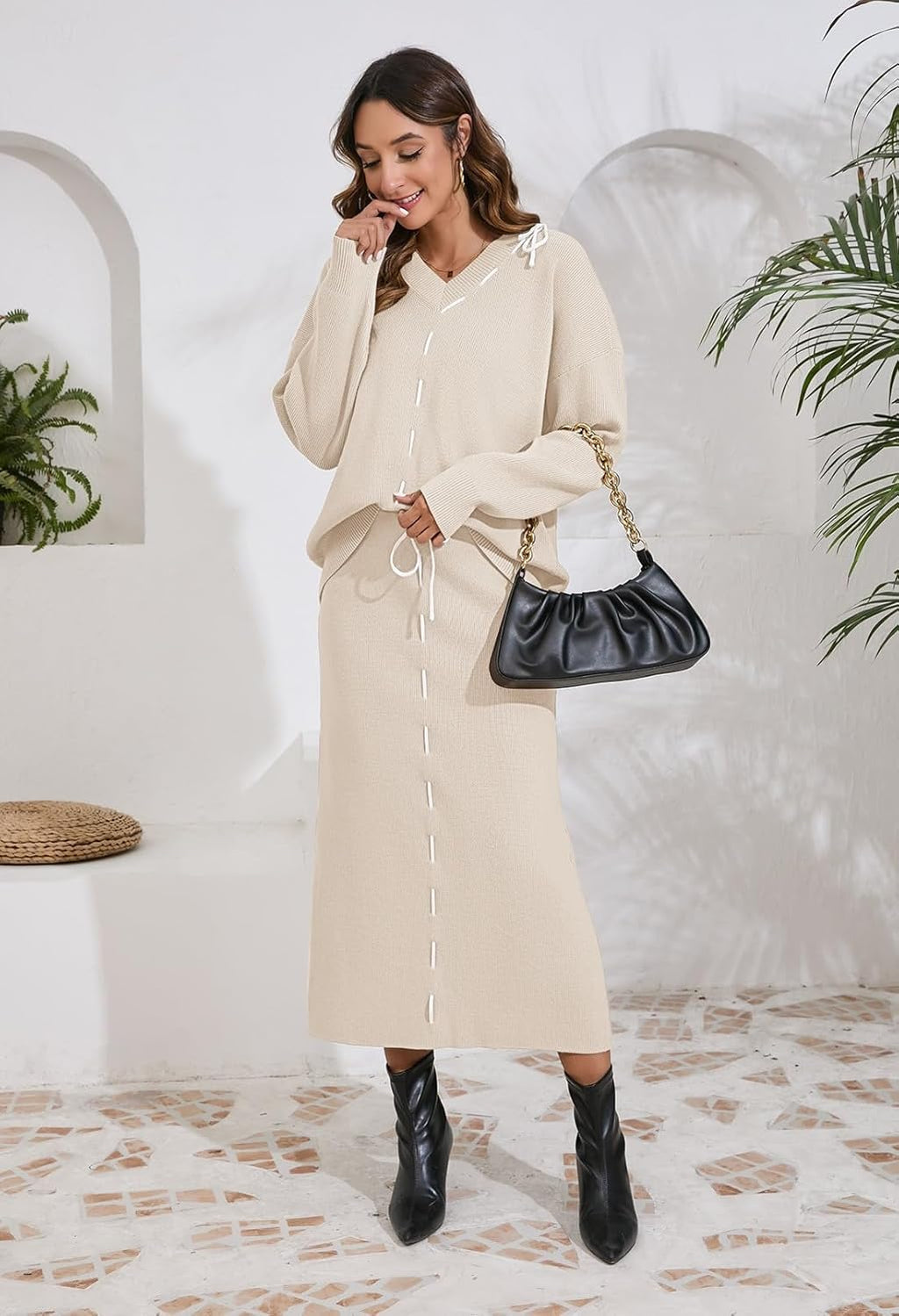 Oatmeal V-neck sweater and tie-waist maxi skirt set with long sleeves, side view