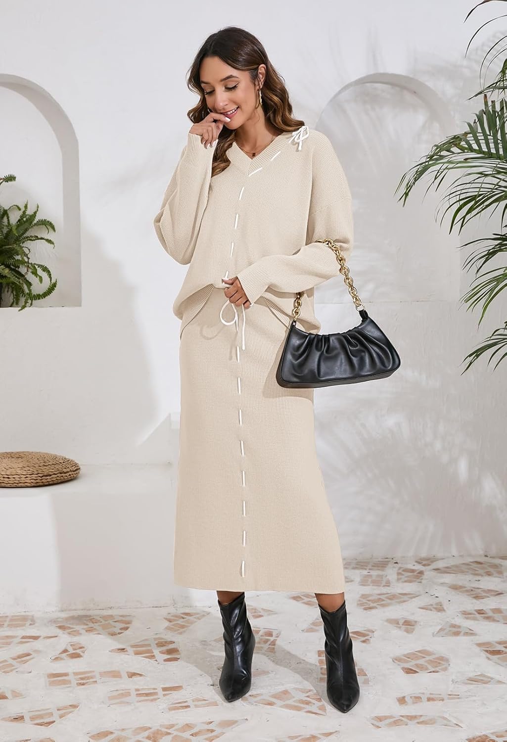 Oatmeal V-neck sweater and tie-waist maxi skirt set with long sleeves, side view