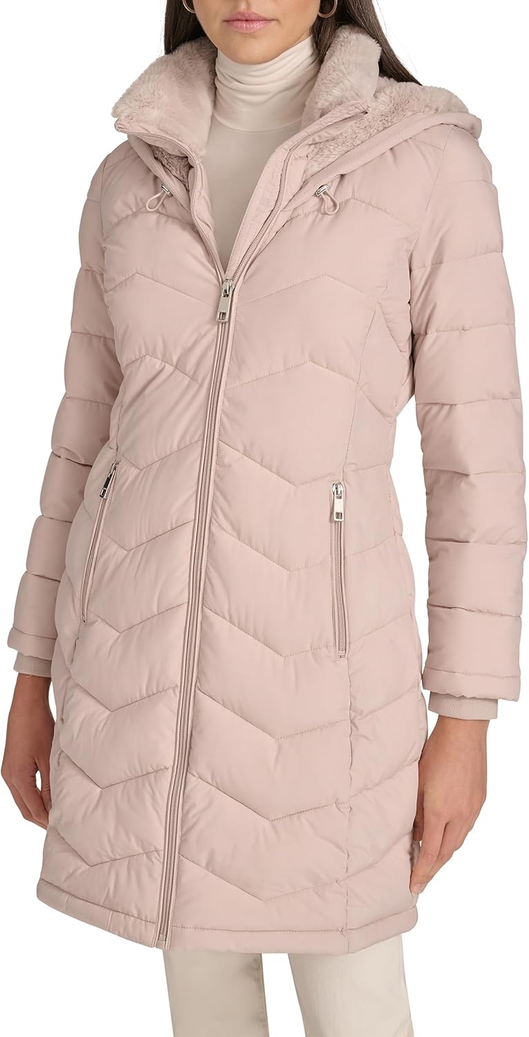 Women’s light pink long puffer jacket with hood and center front zipper