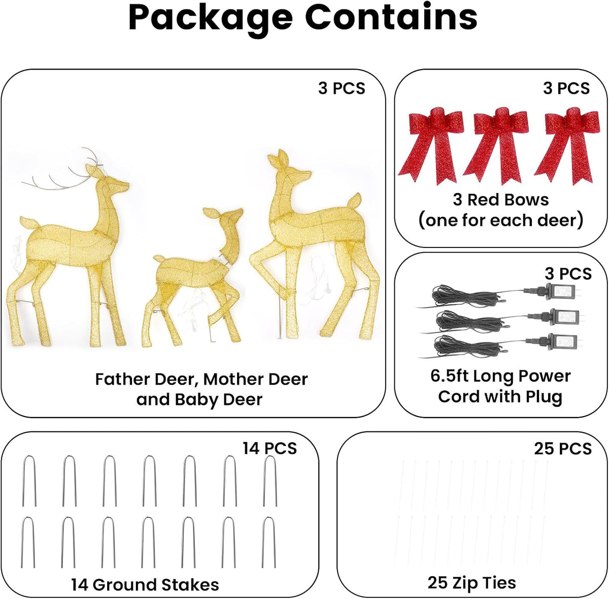 Package contents: gold reindeer figures, power cord, ground stakes, and zip ties