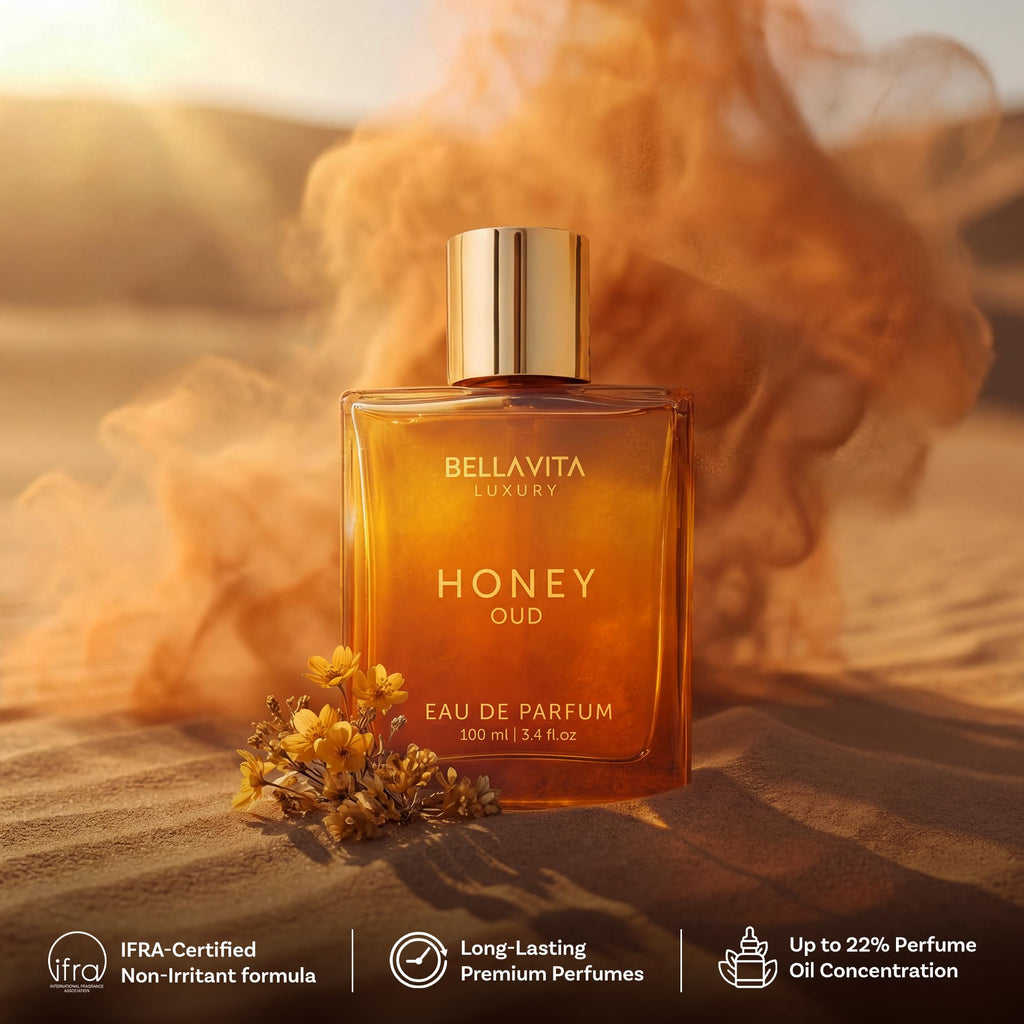Honey oud eau de parfum bottle with gold cap and small flowers