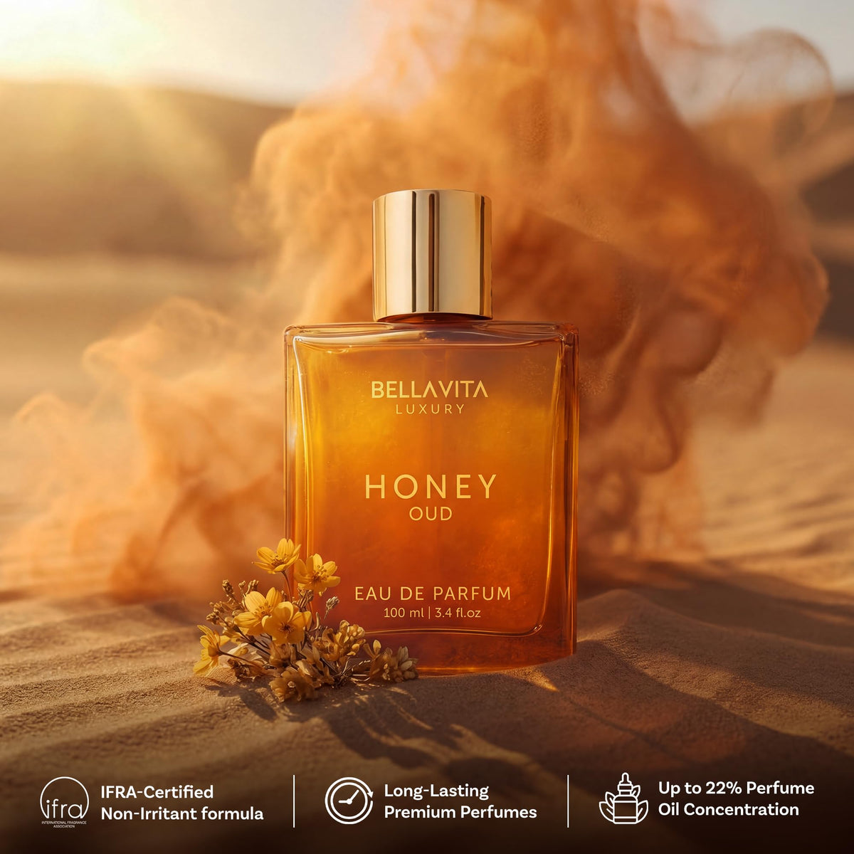 Honey oud eau de parfum bottle with gold cap and small flowers