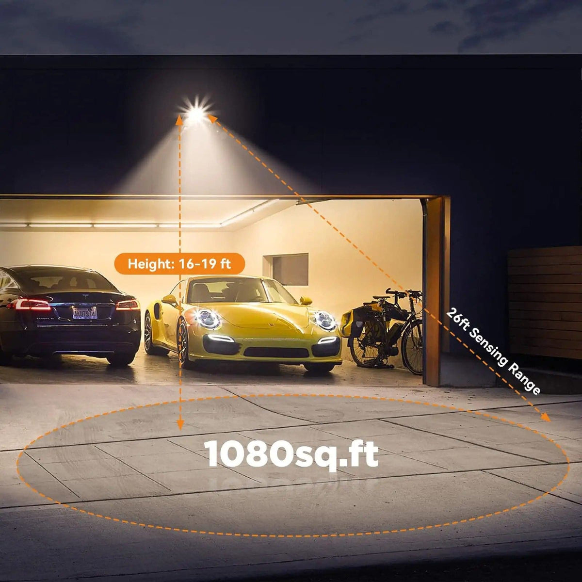 Solar street LED light casting a wide beam over a driveway, range lines shown