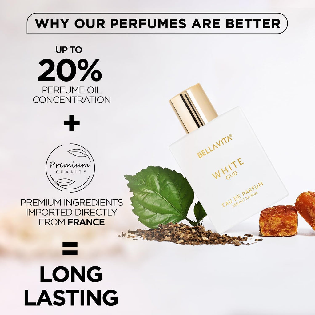 White Oud eau de parfum bottle with gold cap and cream label, 100 ml pack.