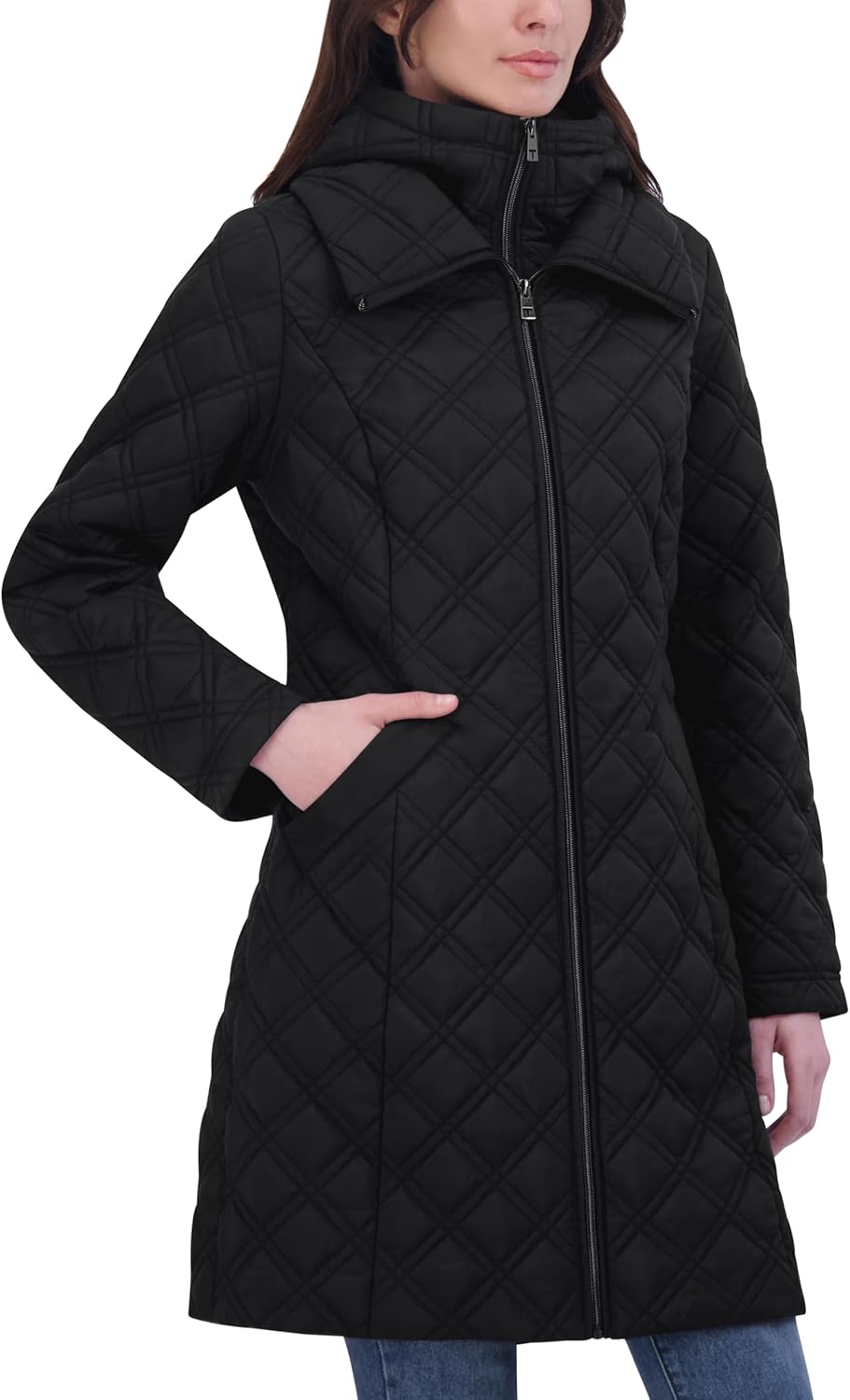 Black quilted hooded jacket with full zip front and stand collar