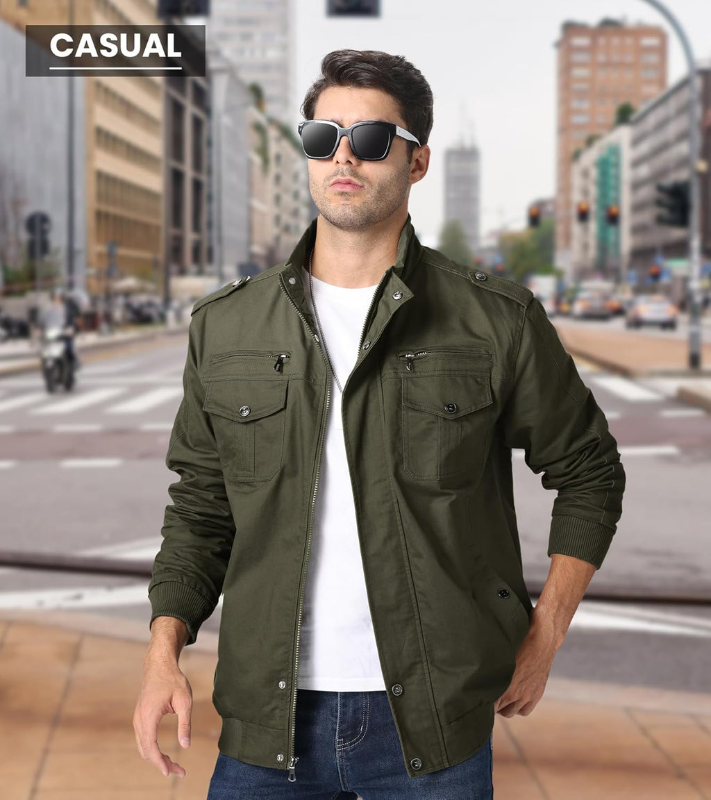 Men's lightweight cotton zip-front military jacket with stand collar, green, chest zip pocket