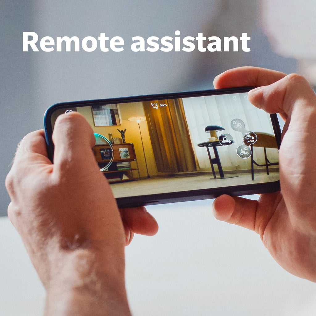 Hands holding a smartphone with a remote control screen for the robotic dog