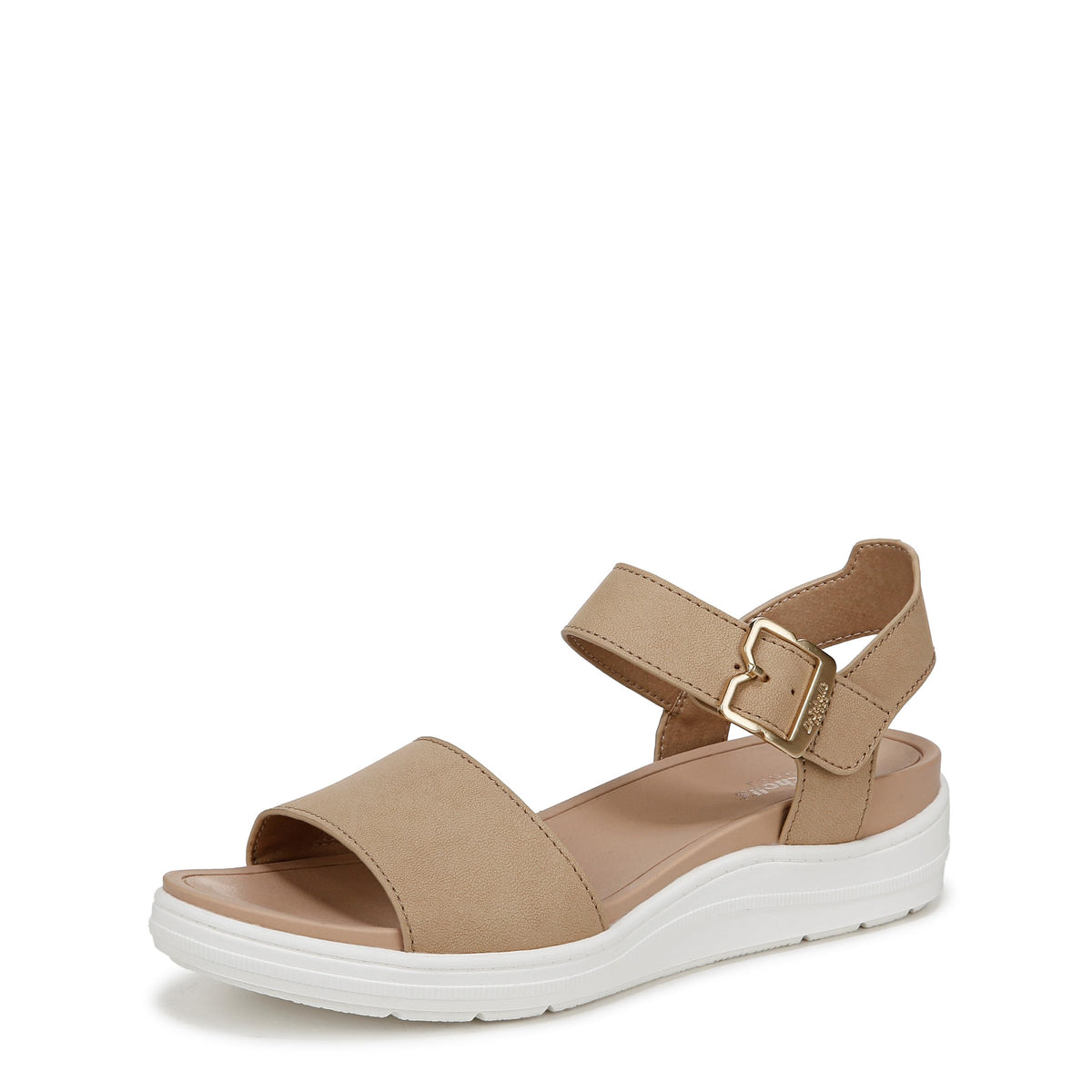 Beige women's sandal with two straps, adjustable buckle, and white platform sole