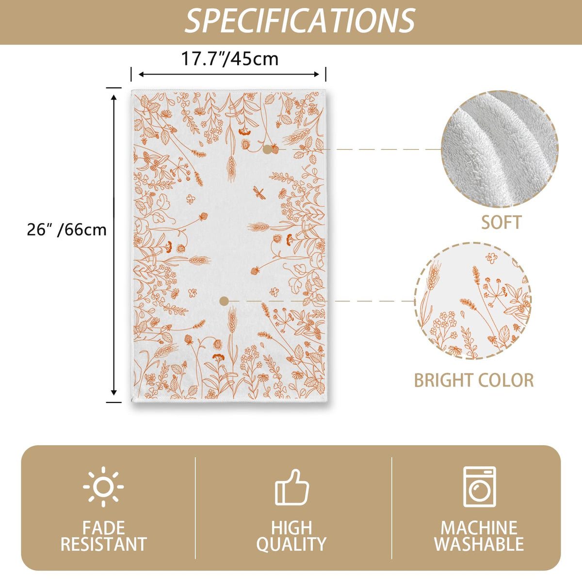 White kitchen towel with orange floral print, shown with a size diagram