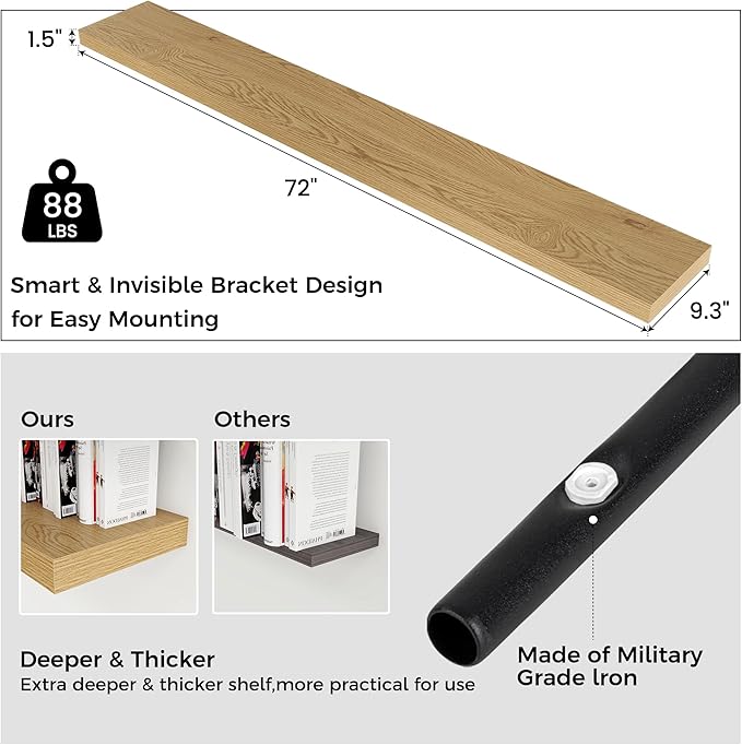 Oak floating wall shelf panel with visible size and thickness details
