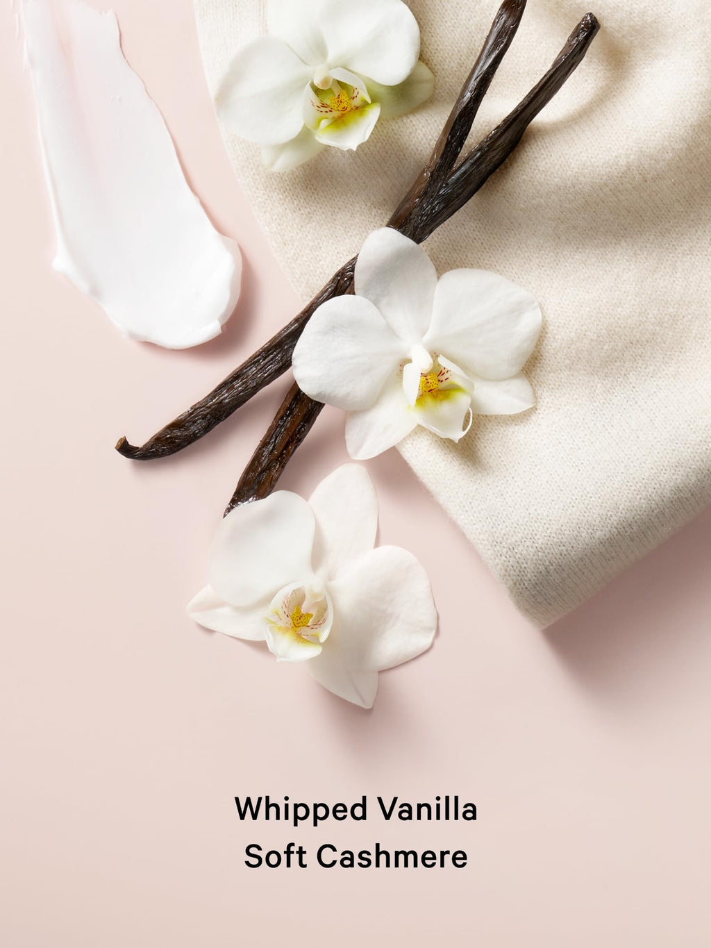 Mini fragrance mist bottles with orchid and vanilla pods; Whipped Vanilla, Soft Cashmere