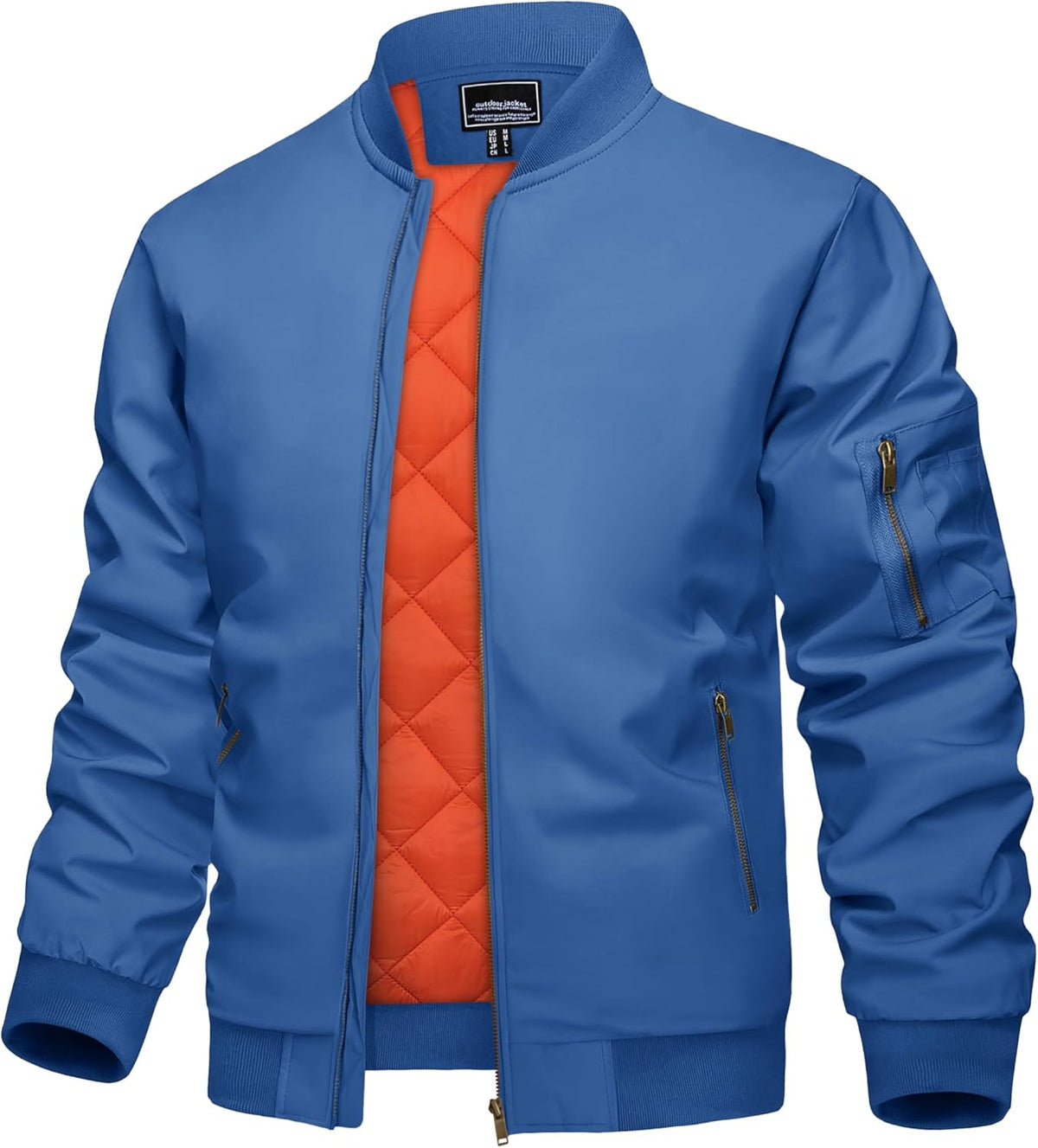 Men's blue full-zip padded bomber jacket with stand collar and zip side pockets