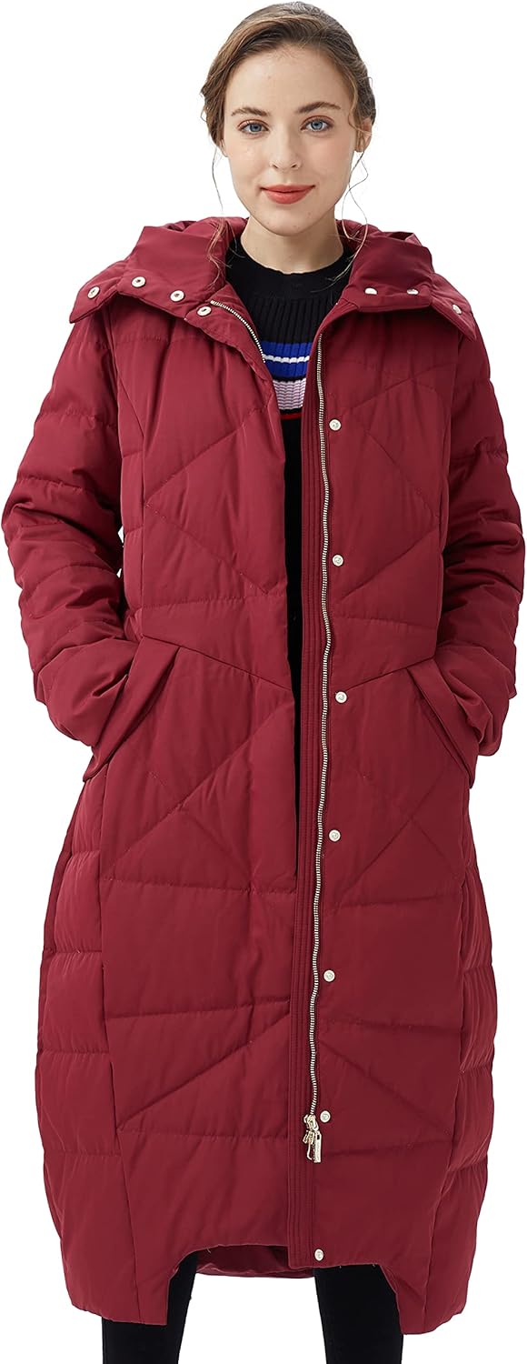 Maroon long hooded puffer coat with snap-front placket and side drawstring pull