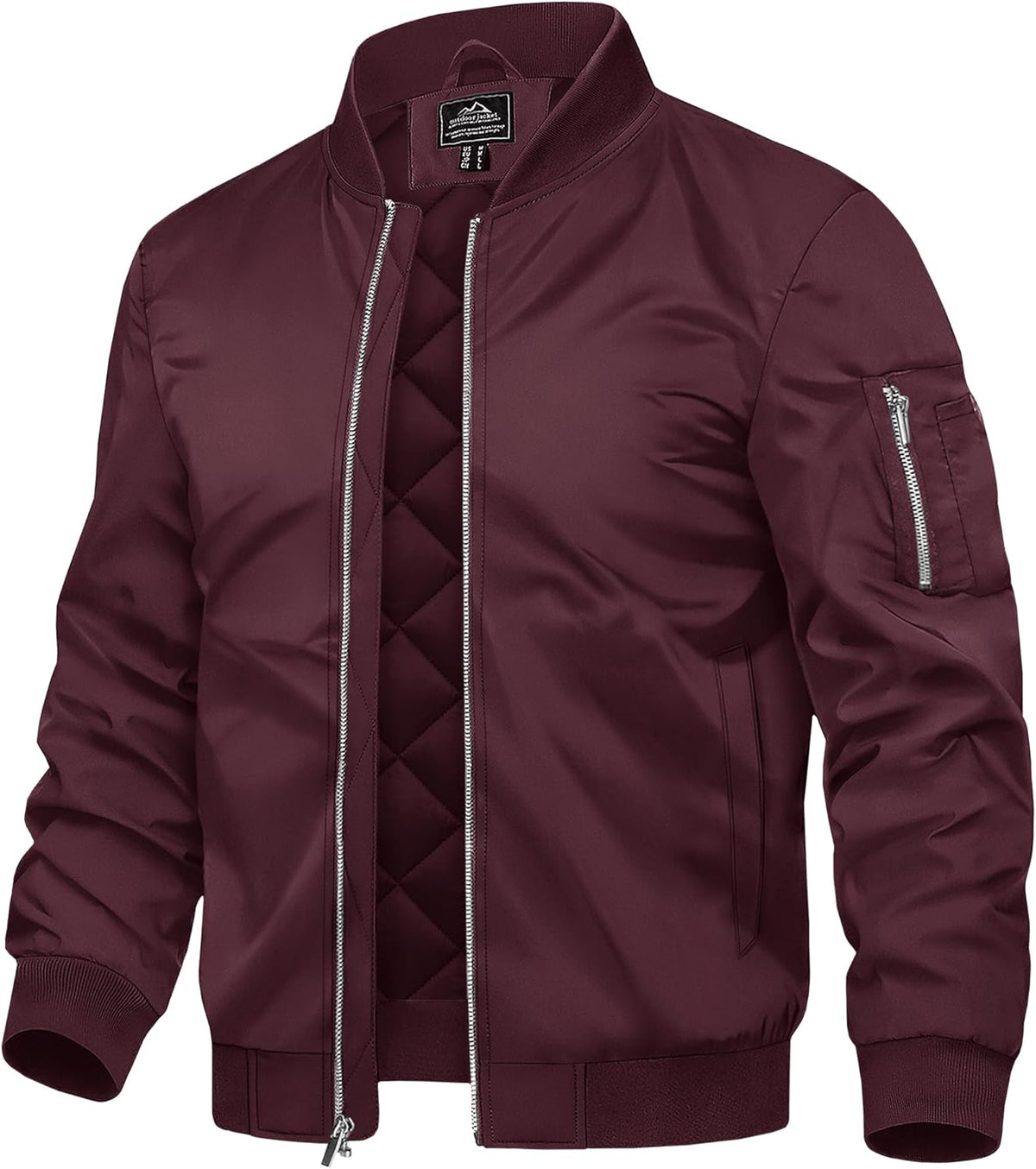 Men's wine-red bomber jacket with quilted lining, full-zip, stand collar, sleeve pocket