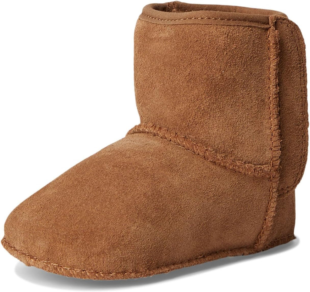 UGG baby classic suede boot, chestnut brown, front 3/4 view with cuff and stitching