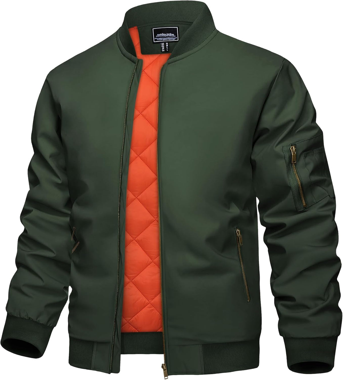 Men's green full-zip padded bomber jacket with stand collar and zip side pockets