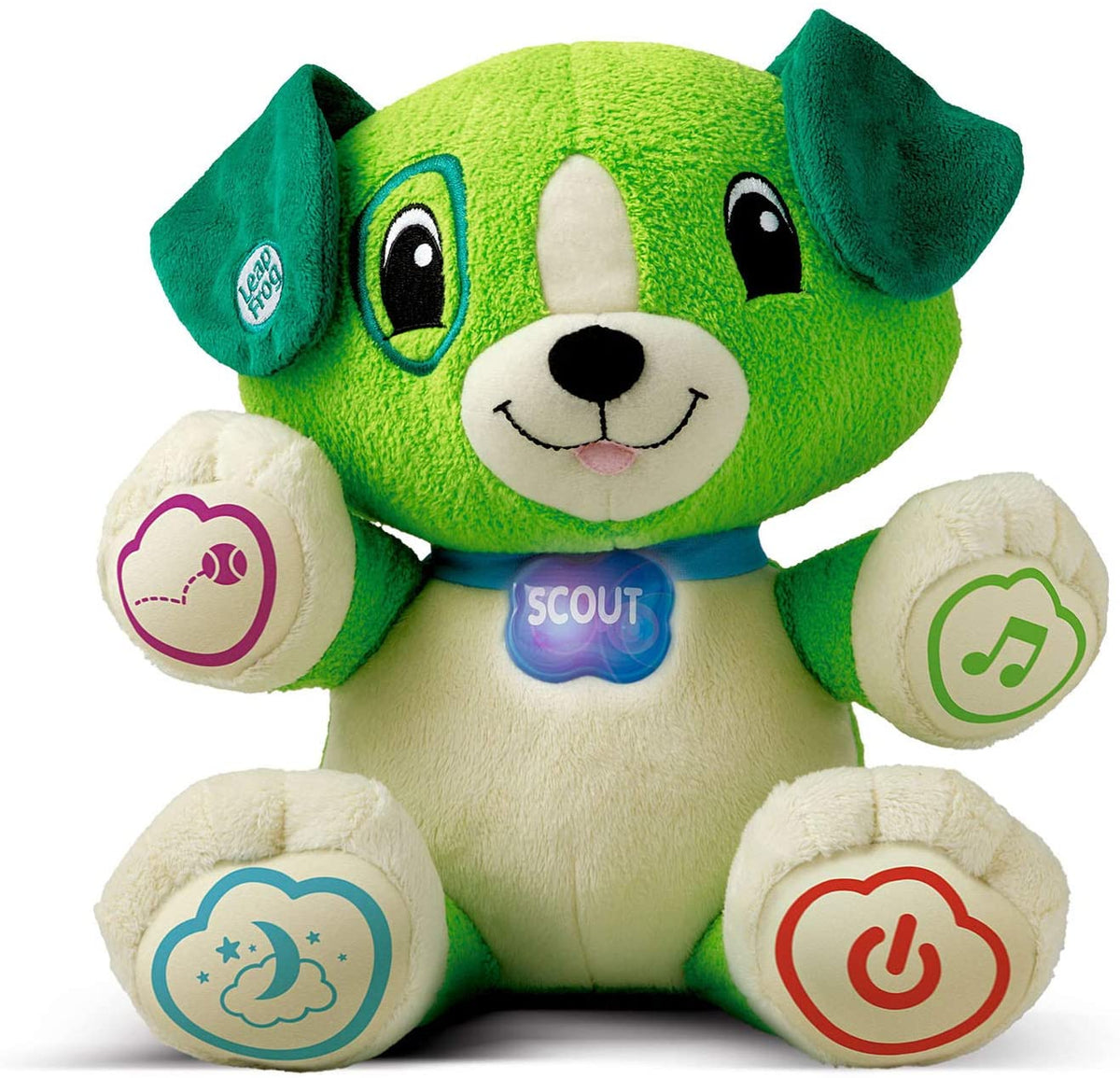 Green plush song-learning bear with embroidered face and light-up sound buttons on paws