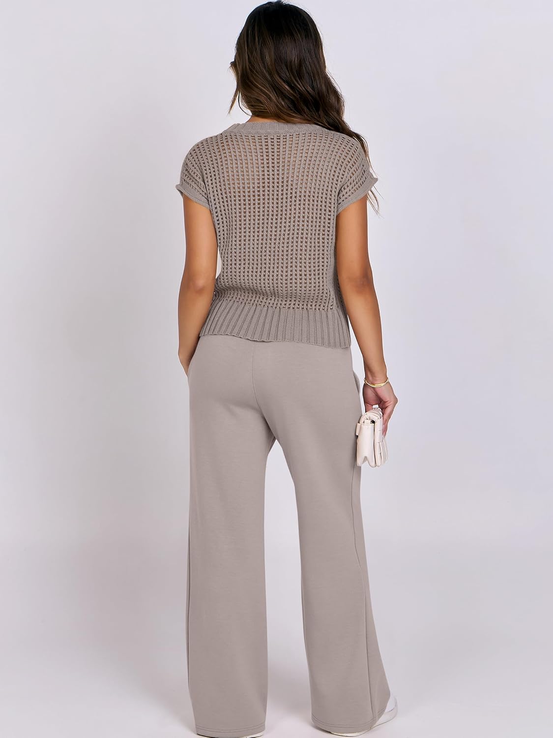 Women's crochet knit sweater top and wide-leg pants set, light gray, back view