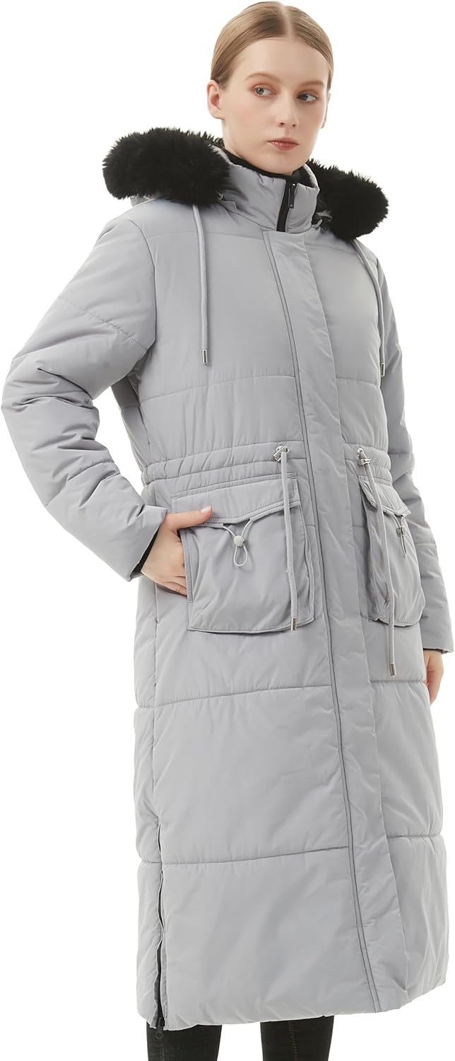 Light gray long puffer coat with faux-fur hood, zip front, adjustable waist rope ties