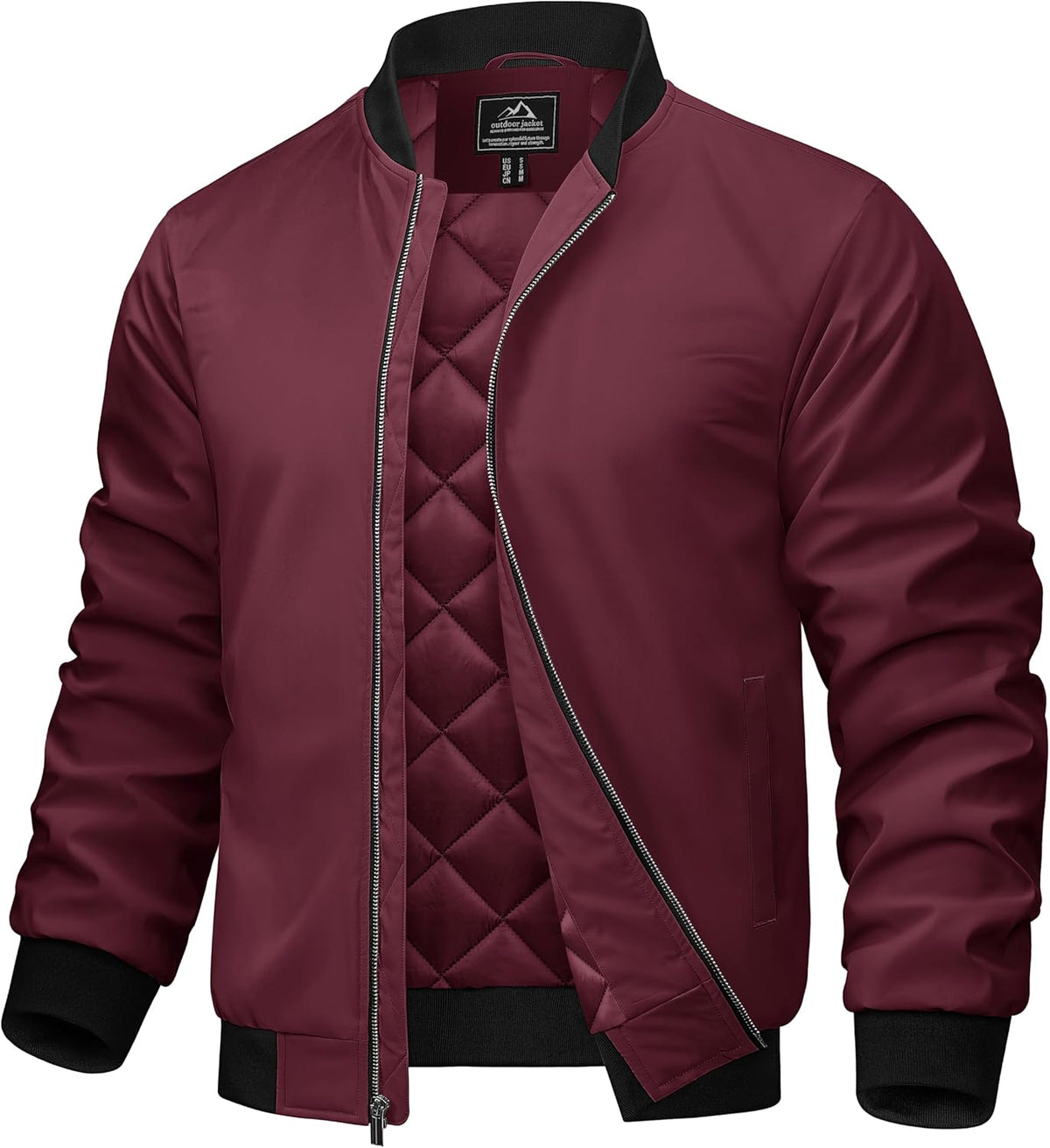 Men's burgundy bomber jacket with quilted interior, full-zip front and ribbed cuffs