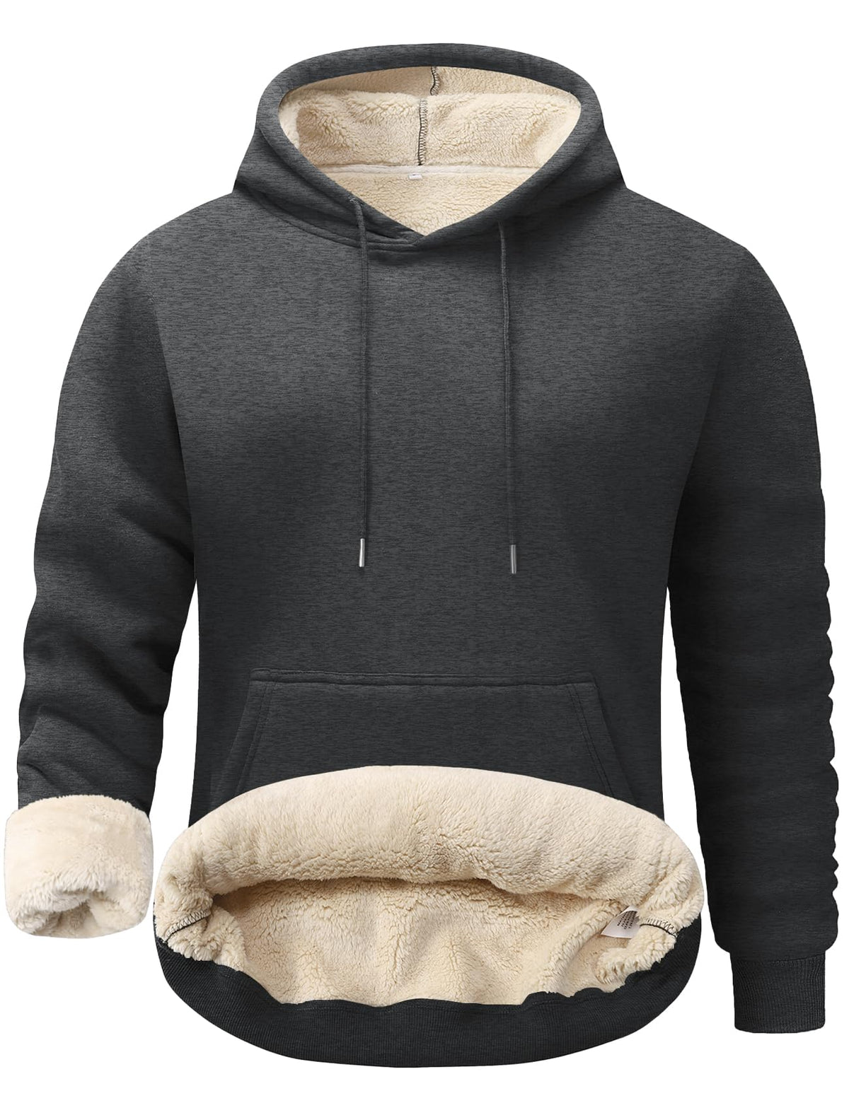 Men’s dark gray fleece sherpa-lined hoodie with hood and front kangaroo pocket