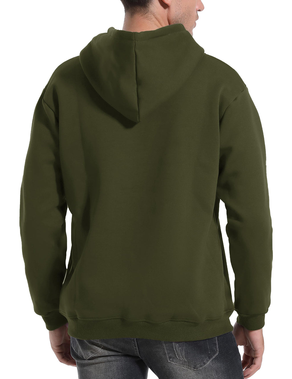 Men's fleece sherpa-lined hoodie in olive green, hooded back view with soft sherpa lining.