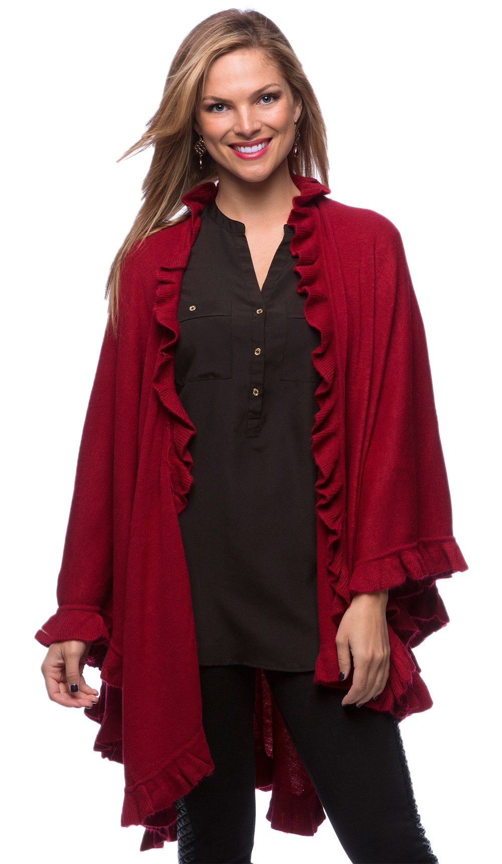 Crimson red ruffle-trim knit poncho cape with open front, draped fit over clothing