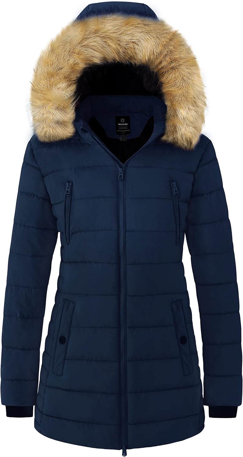 Women’s navy fur-trim hood puffer parka, front zip, side pockets