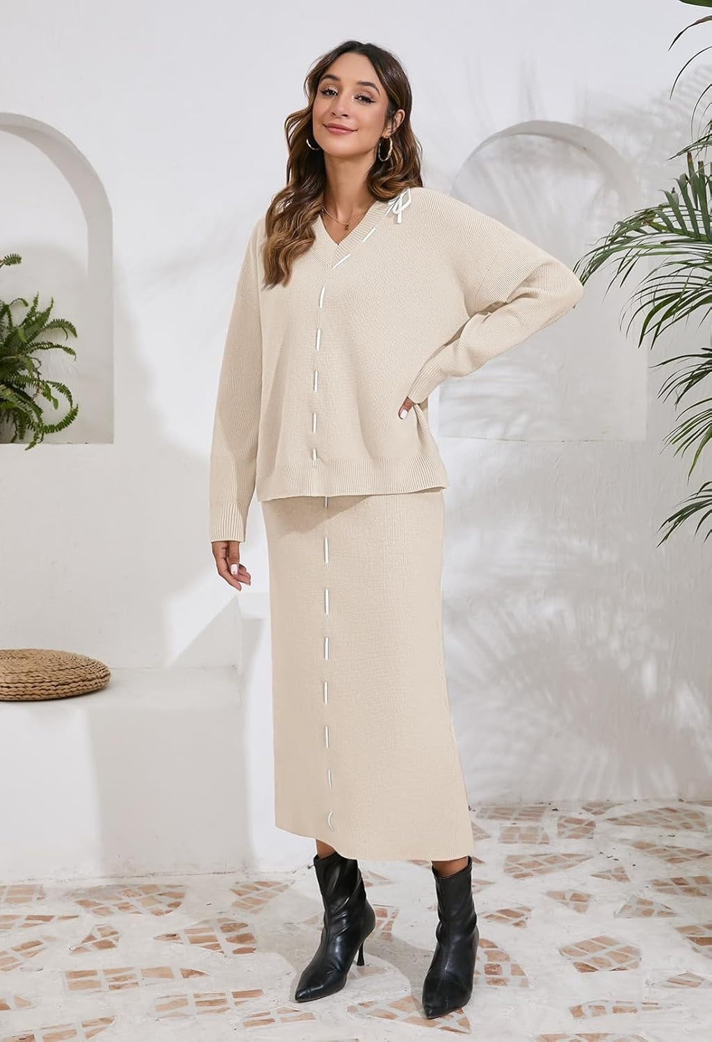 Oatmeal V-neck sweater and tie-waist maxi skirt set with long sleeves, front view