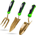 Titanium garden tool set with three gold hand tools and green ergonomic grips