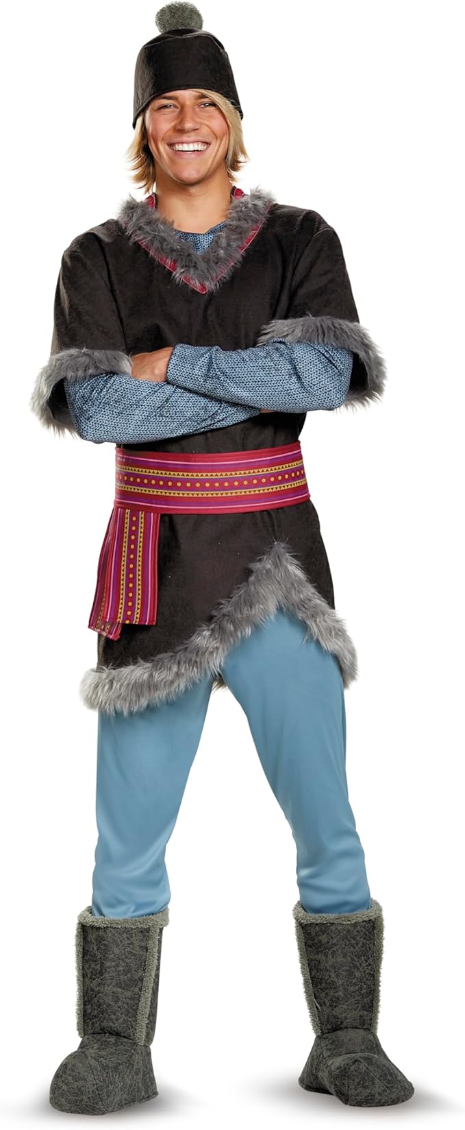 Adult costume tunic with black hat, fur trim, blue pants, and gray boot covers