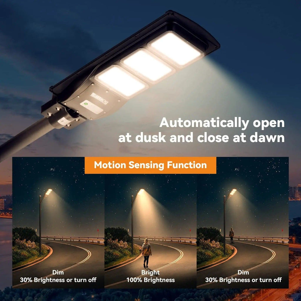 Black solar street LED light with bright LEDs and motion-sensing operation