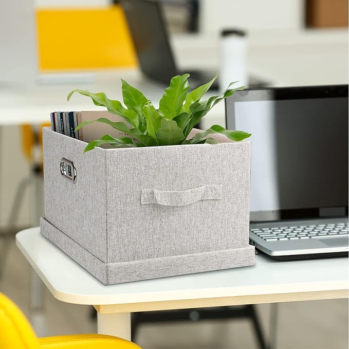 Beige fabric storage cube bin with lid and carry handle on desk
