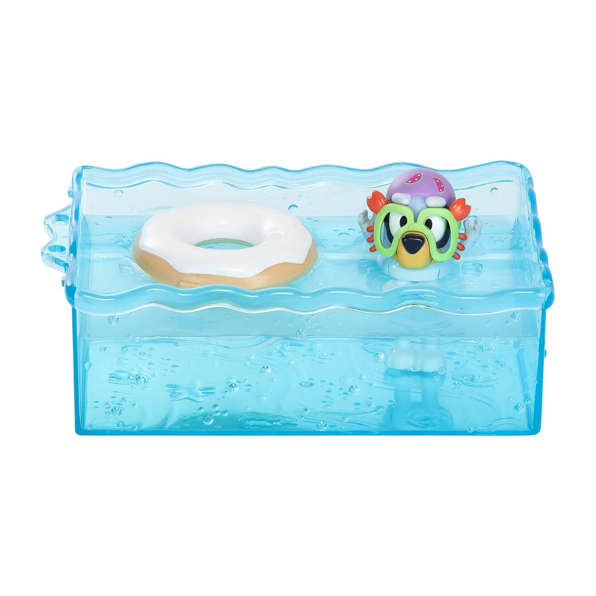 Blue plastic pool accessory with inner float ring and seated character figure