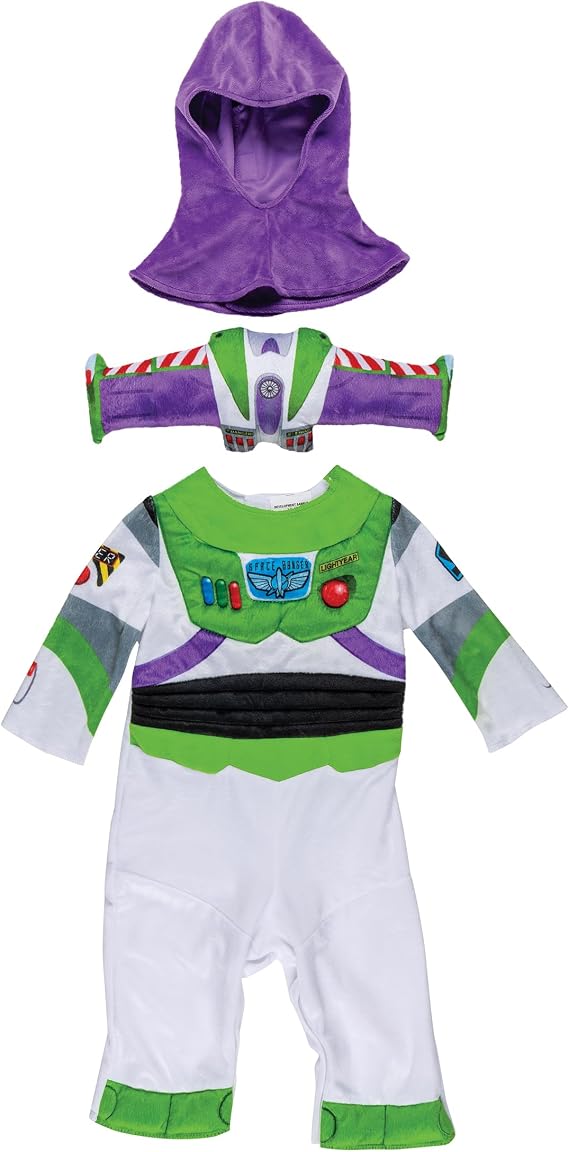 Infant space ranger costume front view with purple hood and green accents