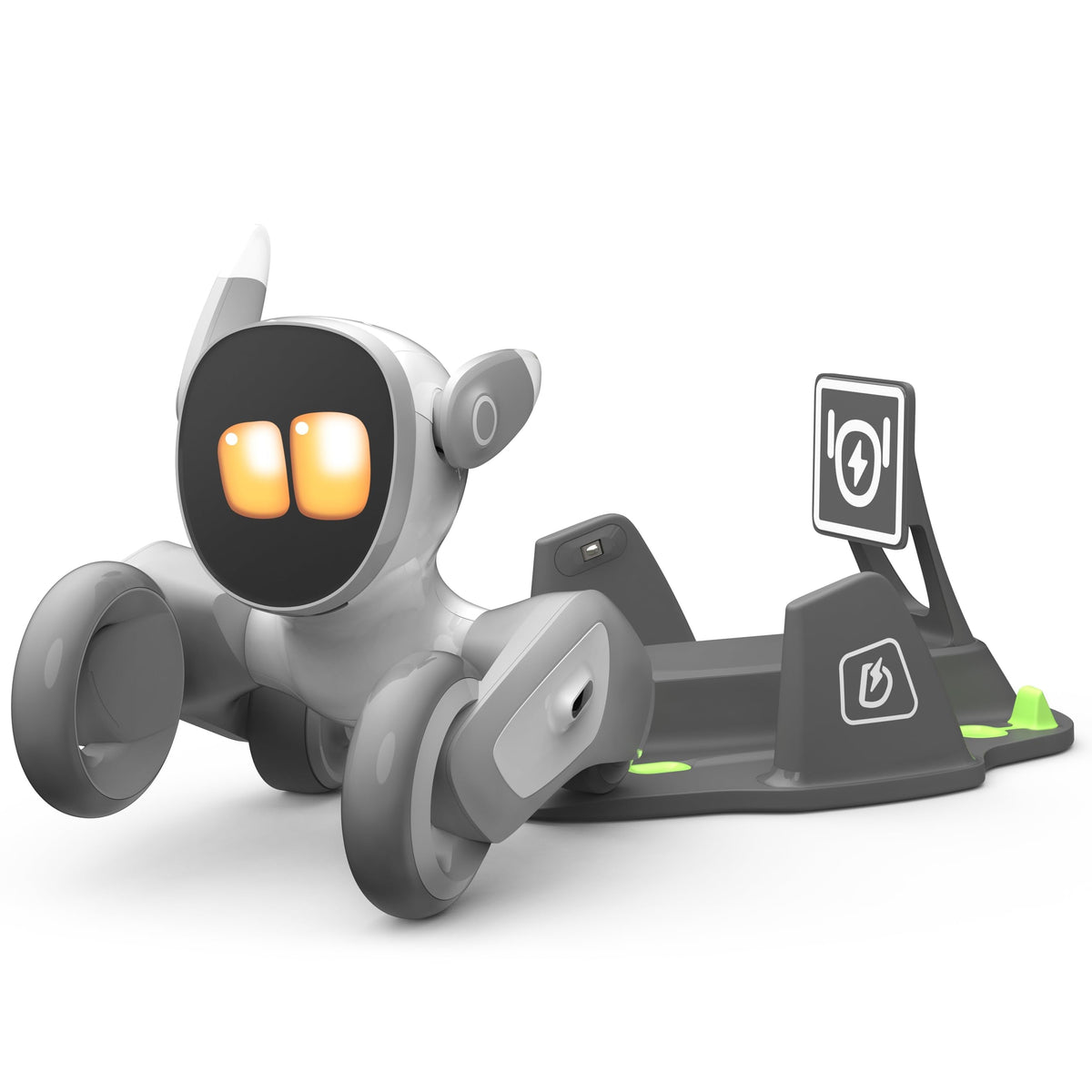 White and gray robotic dog with glowing eyes and charging dock
