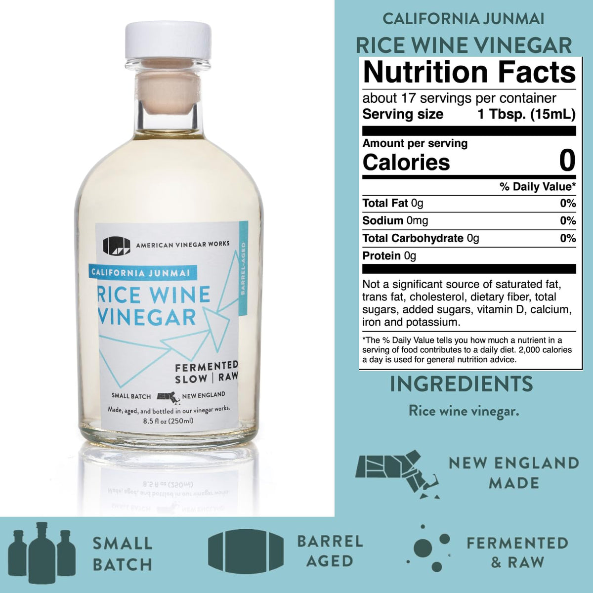 Rice wine vinegar bottle with label and nutrition facts panel.