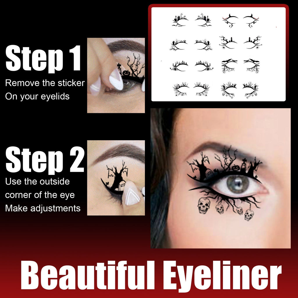 Sticker sheet and applied eye look with black Halloween web, spider, and bat design.