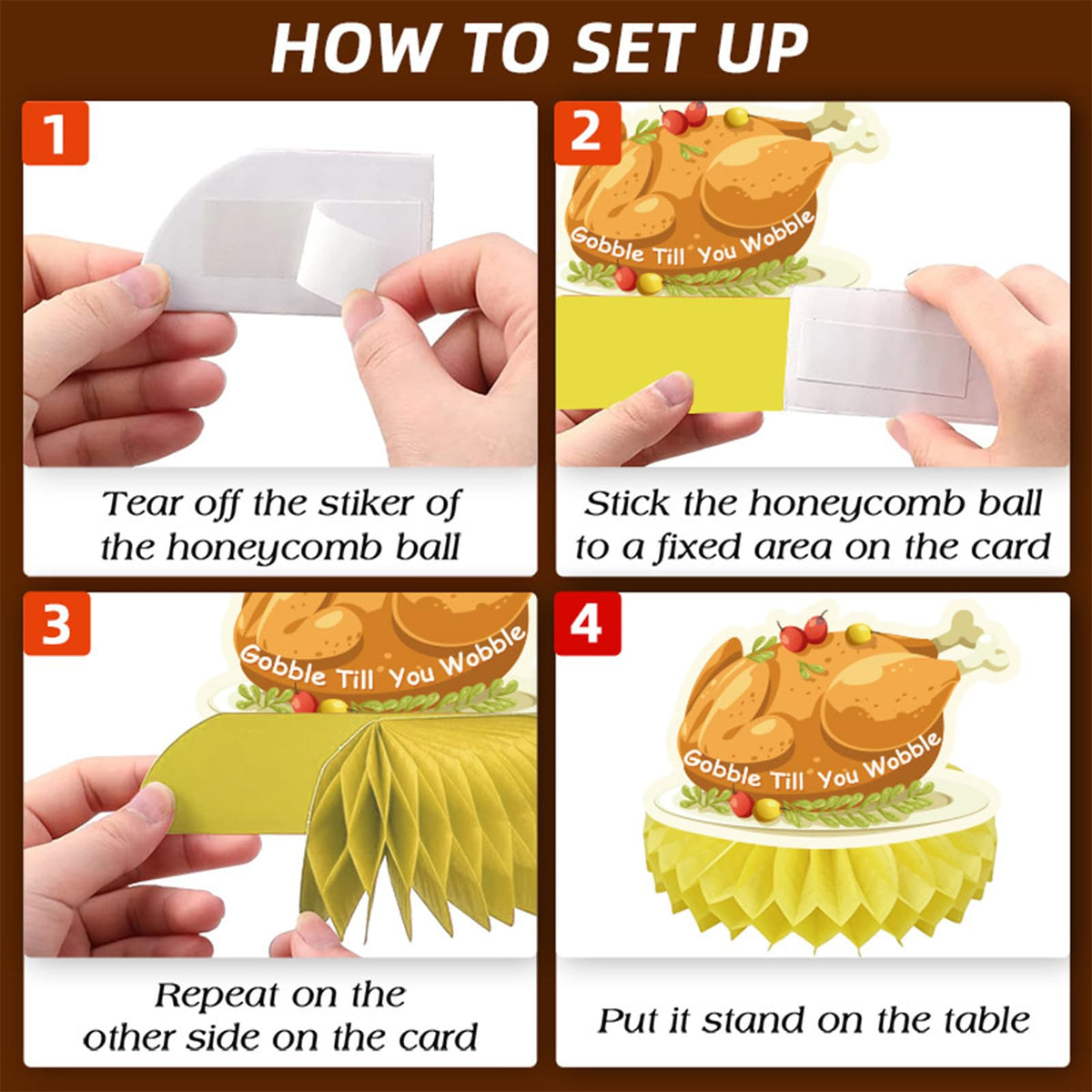 Thanksgiving centerpiece craft instructions: honeycomb ball attached to card with hands