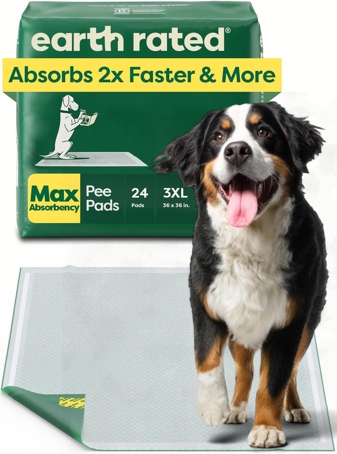 Earth Rated Max pee pads, green pack with black-and-white dog on pad