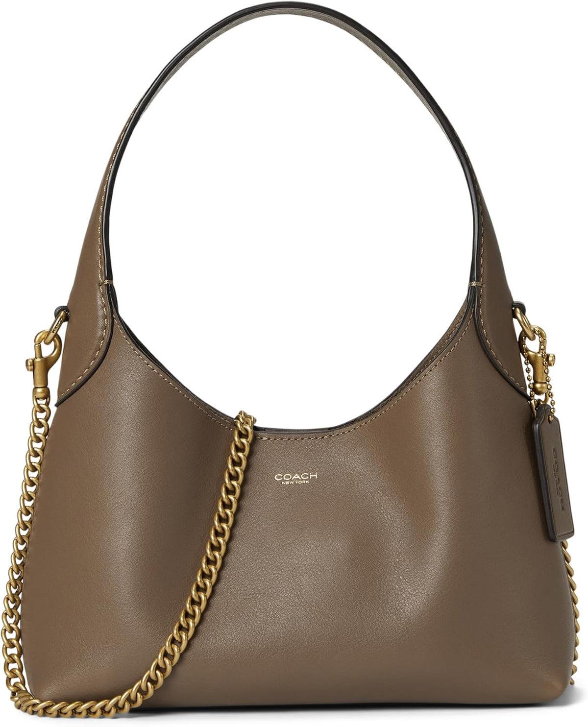 Leather hobo bag side with chain strap, front seam, and metal tag